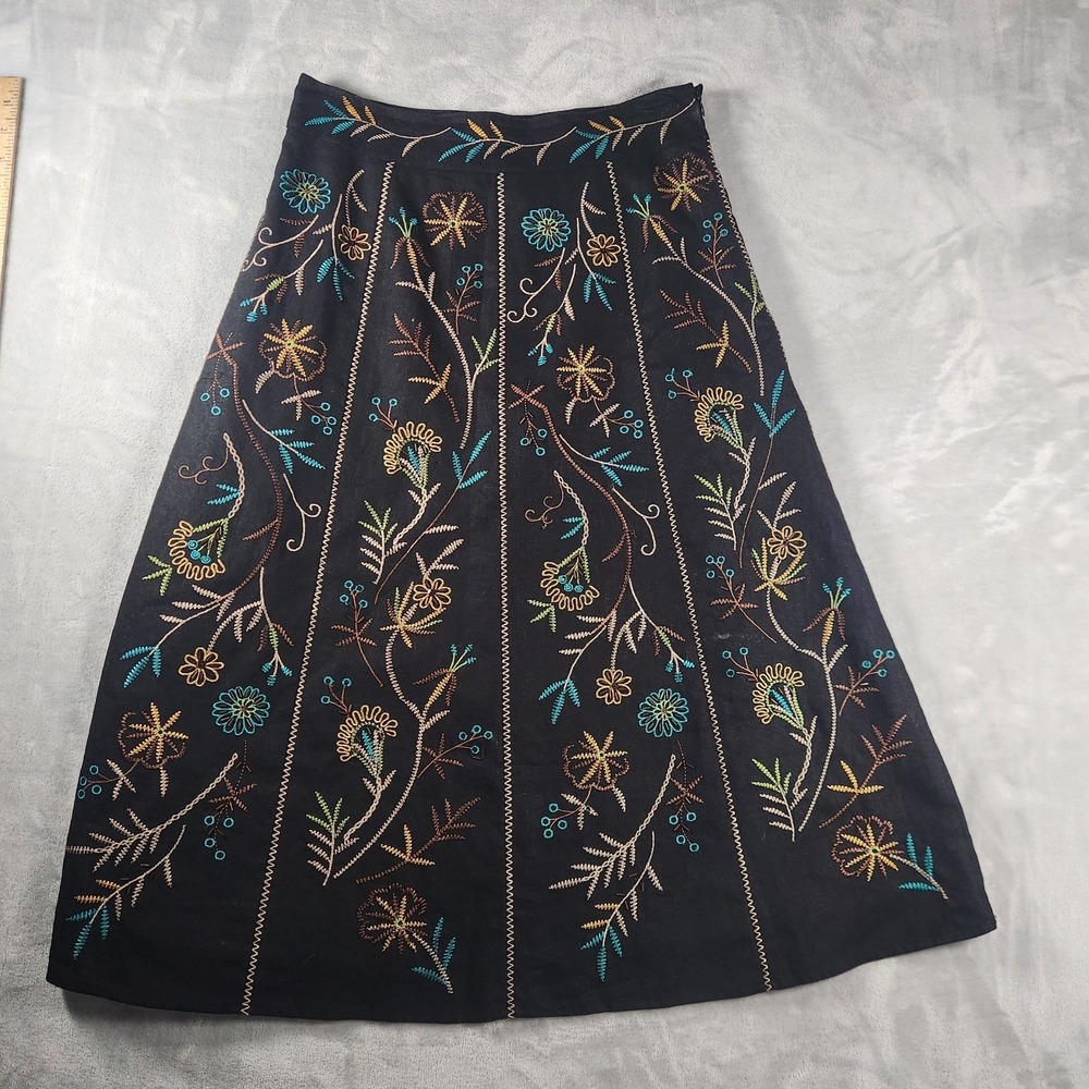 Silkland Black Embroidered Floral Midi Skirt Womens 4 A-Line Linen Boho Chic